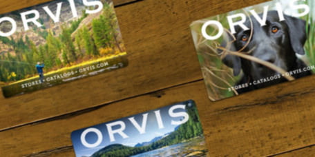 Orvis gift cards shown lying on wood
