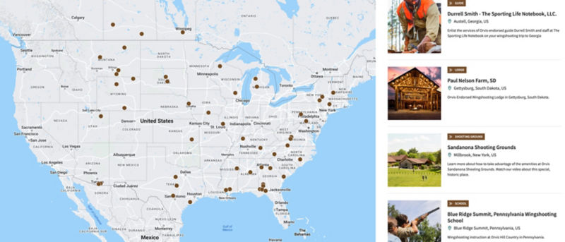 Map of United States with pins indicating locations of Orvis Trips & Schools