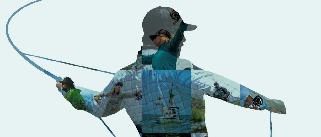 An angler mid-cast made up of many smaller images of people fishing.