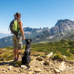 A hiker with a backpack and her dog in the mountains