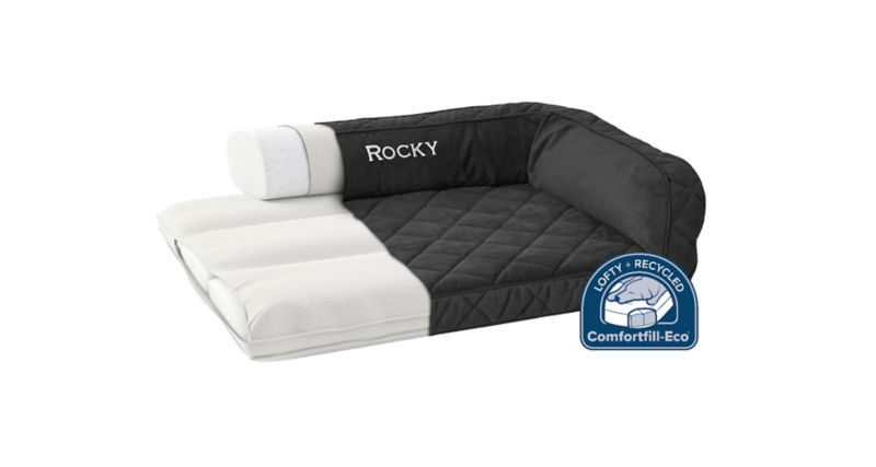 A black Orvis Comfortfill-Eco Couch Bed with Comfortfill icon saying Lofty + Recycled in blue.