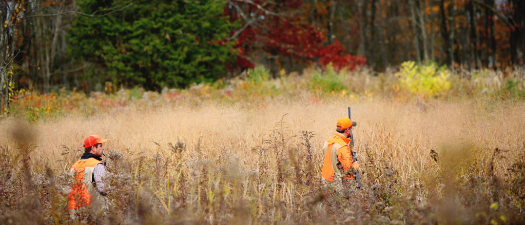 Two hunters wearing hunting gear walking in a field