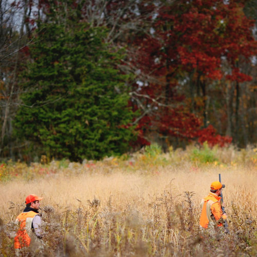 Two hunters wearing hunting gear walking in a field