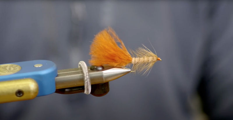 A close up of a fly-fishing fly held in pliers