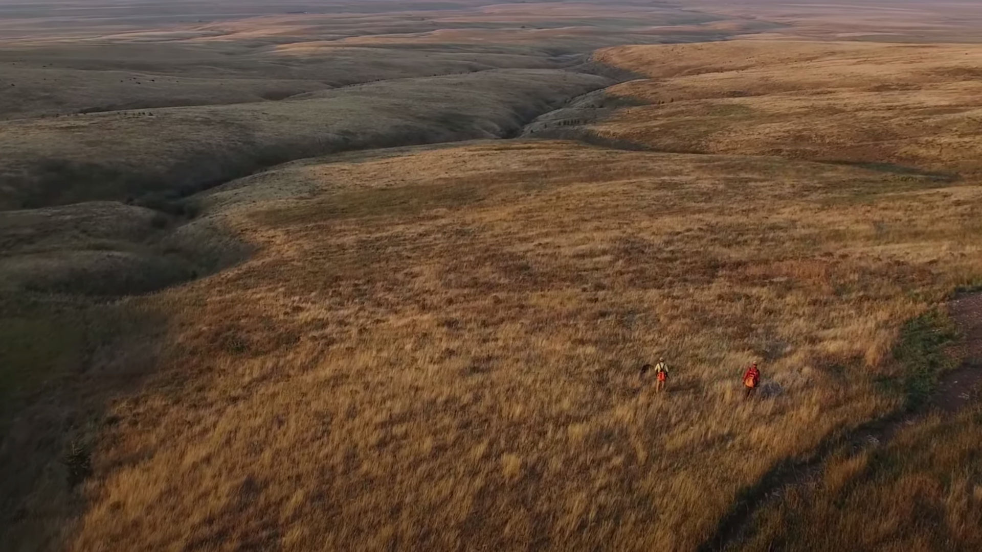 A drone view of two hunters in a vast grassland of rolling hills.