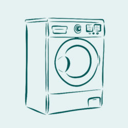 A graphic illustration of a washing machine in dark teal on a light teal background.